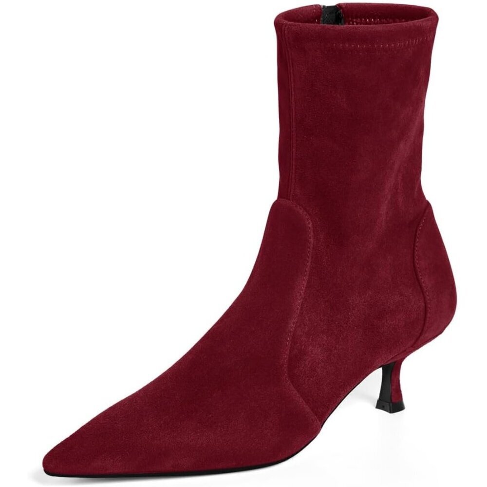 Women's Burgundy Low Kitten Heel Ankle Shoes Pointed Toe Side Zipper Fall Boots